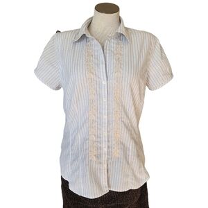 Eddie Bauer Lace Front Blue Collar Short Sleeve Women's Top Size L